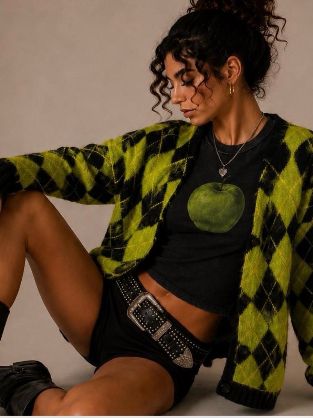 Green Argyle Knit Cardigan with Black Base Tee